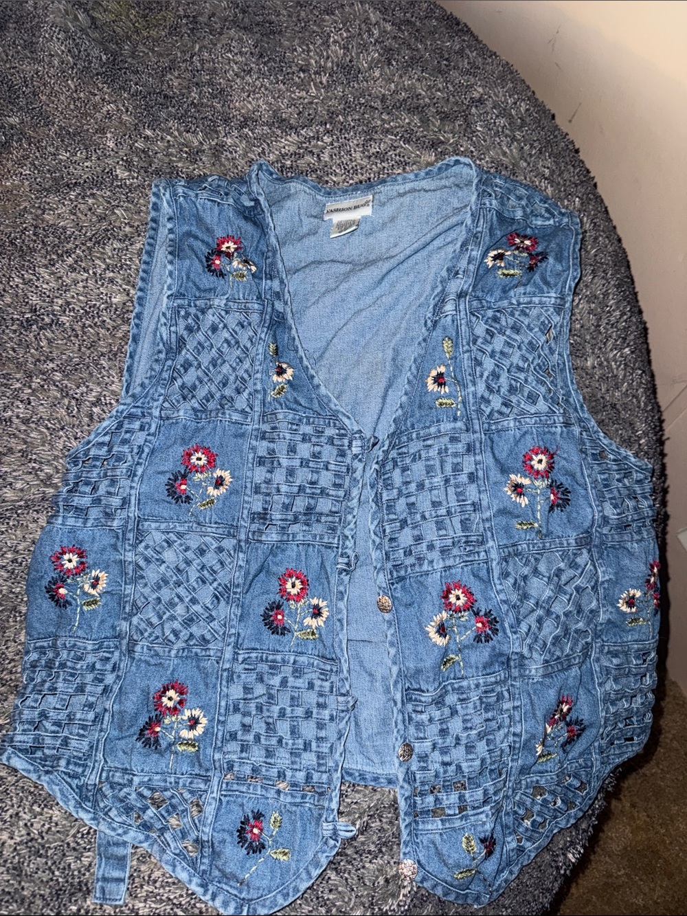 Embroidered Denim Blue Button Vest